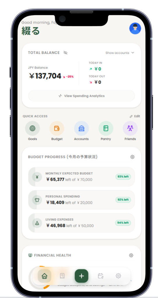 Tsuzuru app dashboard showing total balance, Kakeibo budget progress and transaction insights